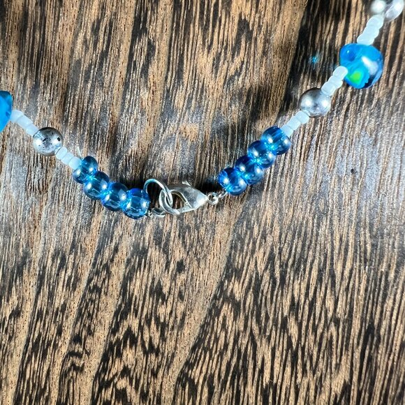 Handcrafted Glass Heart Pendant Necklace With Blue & Silver Beads - Adjustable L - Picture 3 of 3